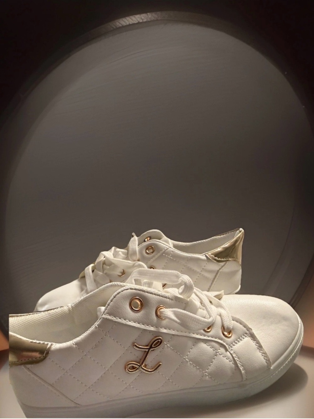 Women's White Quilted Lace-Up Sneakers with Gold Trim